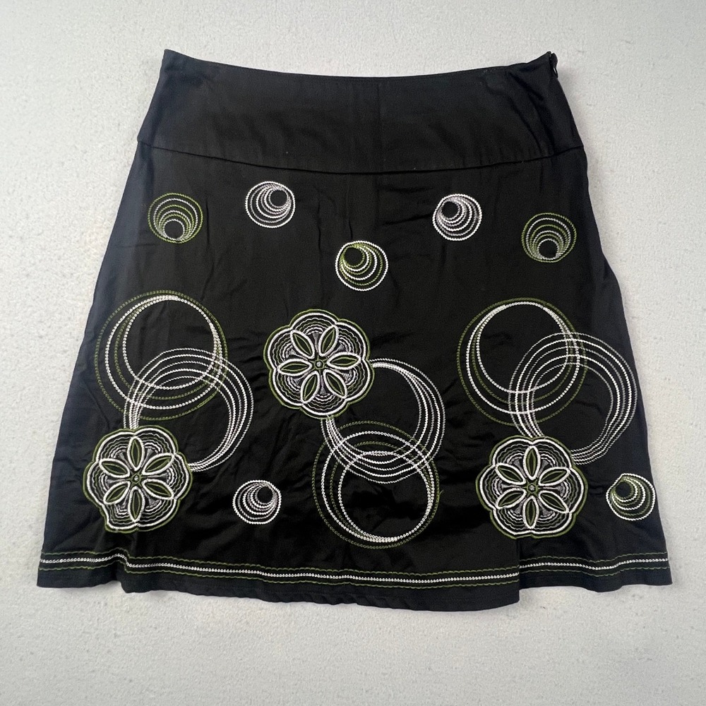 Y2K Black Embroidered A-Line Skirt Womens Floral Circle Pattern Knee Length Boho
